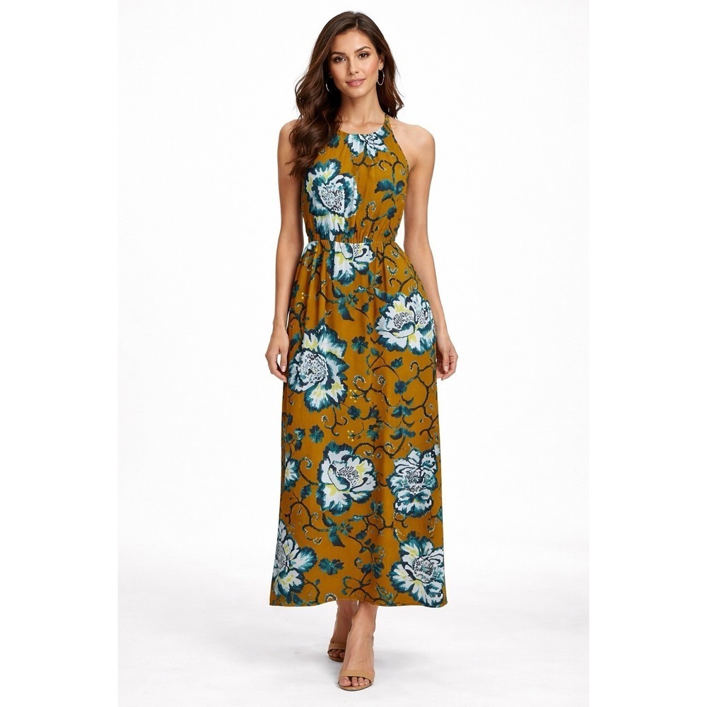 H&M Floral Maxi Dress Women Size 12 Orange Teal Sleeveless Halter Boho Summer